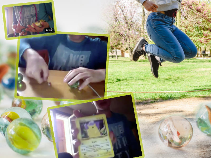 Les jeux de cours de récréation à l'école : billes, corde à sauter et cartes Pokémon